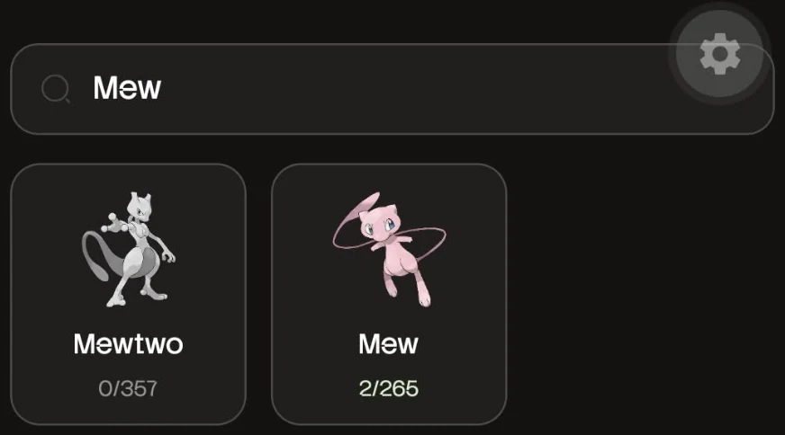 Pantalla de Especies de la app: al buscar «Mew» salen Mewtwo (0 de 357 cartas) y Mew (2 de 265)