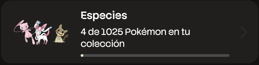 Tarjeta de la app: Especies, cuántos Pokémon distintos tienes